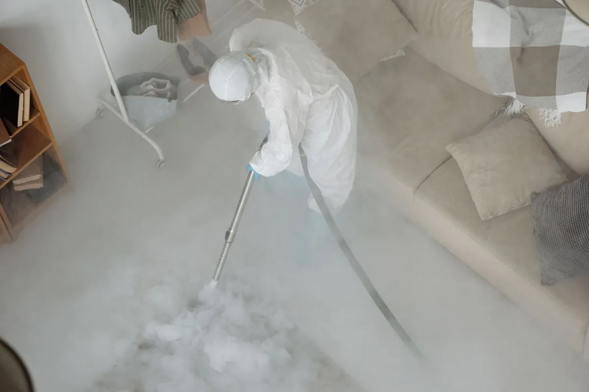 Biohazard cleanup technician in protective equipment, Westfield, NY